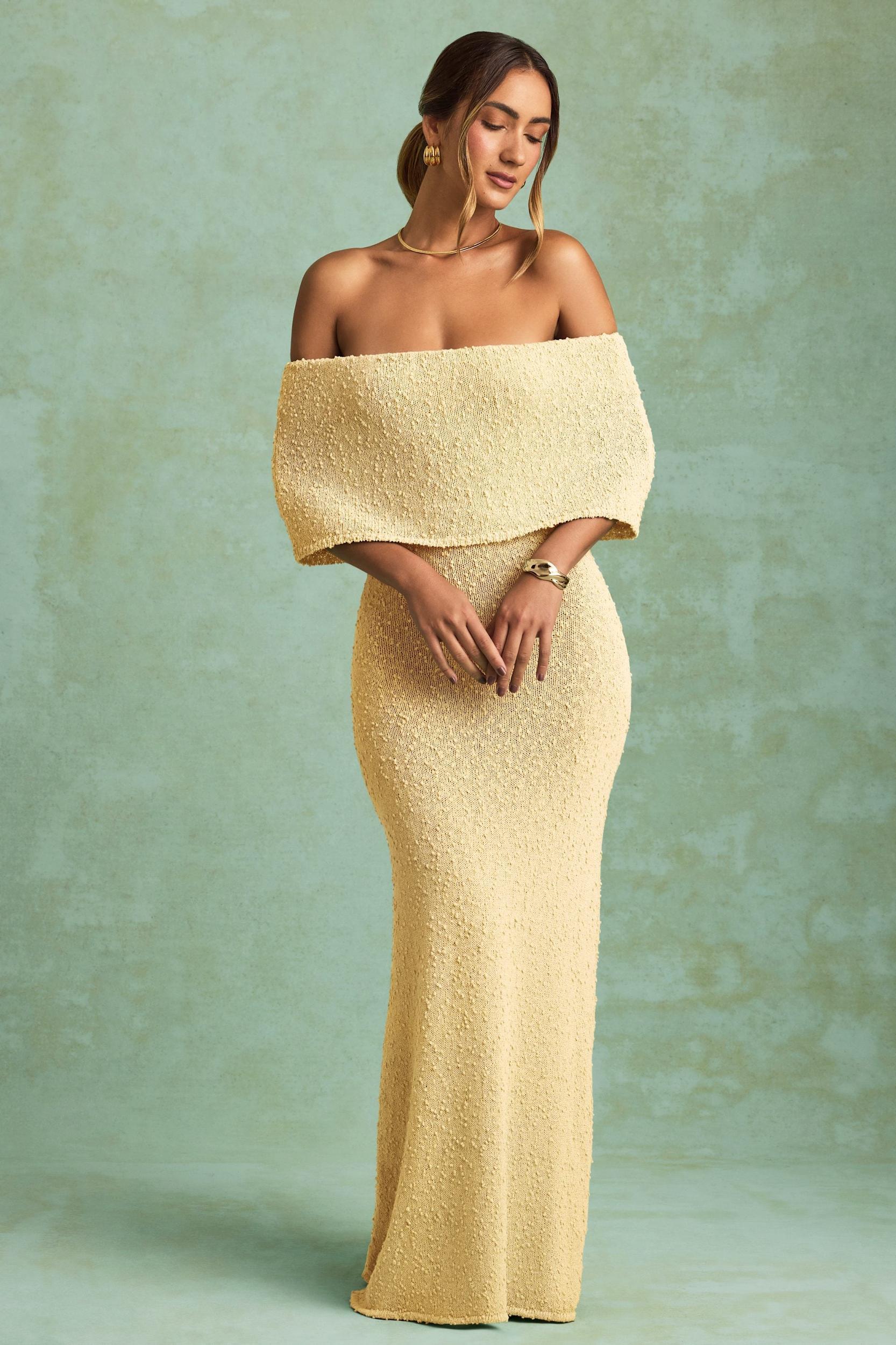 Bouclé Off-Shoulder Maxi Dress in Yellow Girls Product Image