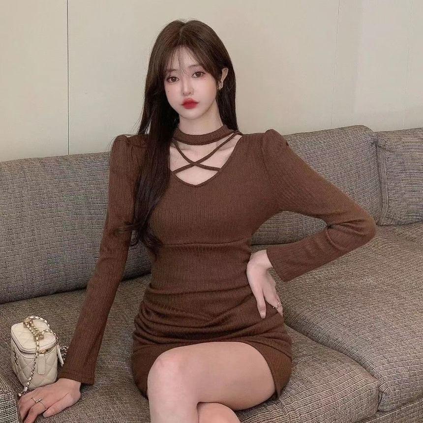 Long-Sleeve Mock Neck Plain Cutout Criss Cross Ruched Mini Sheath Dress Product Image