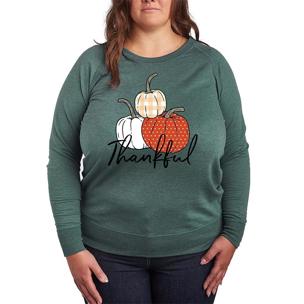 Plus Size Thankful Pumpkins French Terry Long Sleeve Tee, Womens Grey Green Product Image