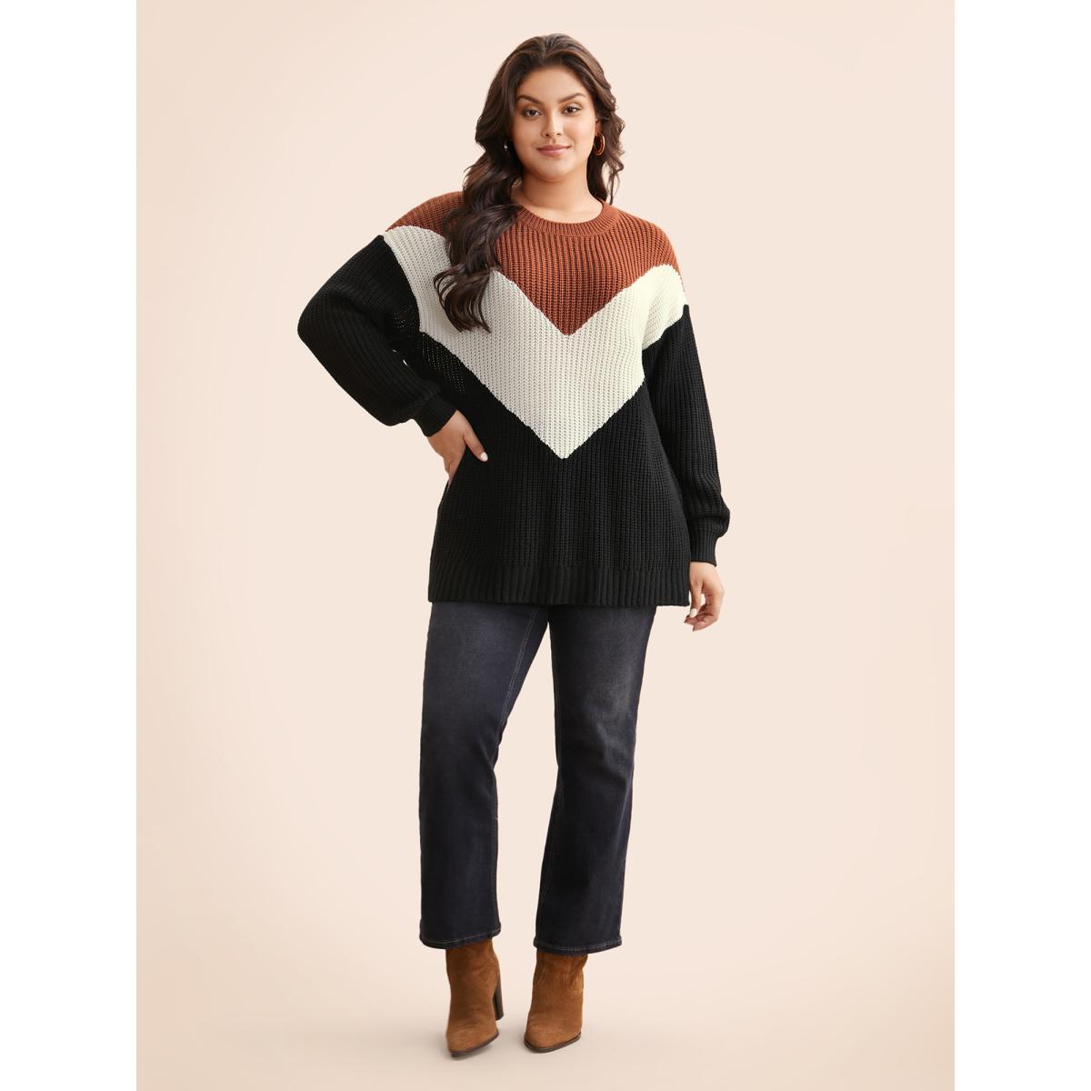Plus Size Colorblock Contrast Lantern Sleeve Pullover Yellowishbrown Women Casual Loose Long Sleeve Round Neck Everyday Pullovers BloomChic 18-20/2X Product Image