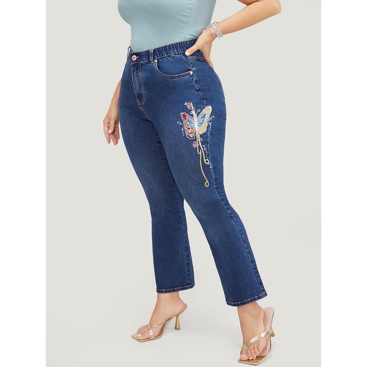 Plus Size Butterfly Embroidered Moderately Stretchy High Rise Dark Wash Bootcut Jeans Women Blue Elegant Plain Embroidered Medium stretch Pocket Jeans BloomChic 20/2X Product Image