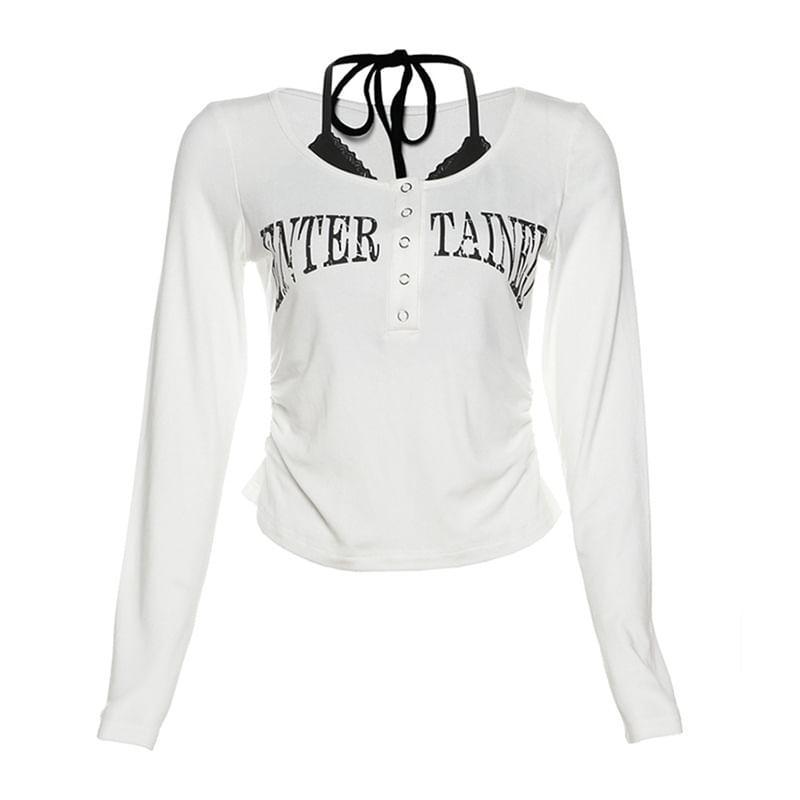 Long-Sleeve Half Buttoned Lettering Tee Product Image