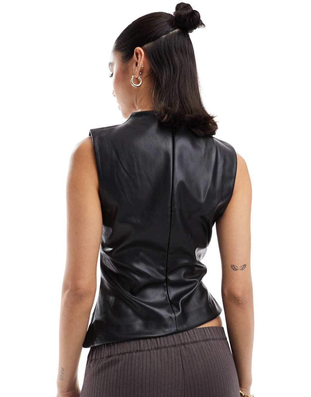 Stradivarius faux leather high neck top in black Product Image