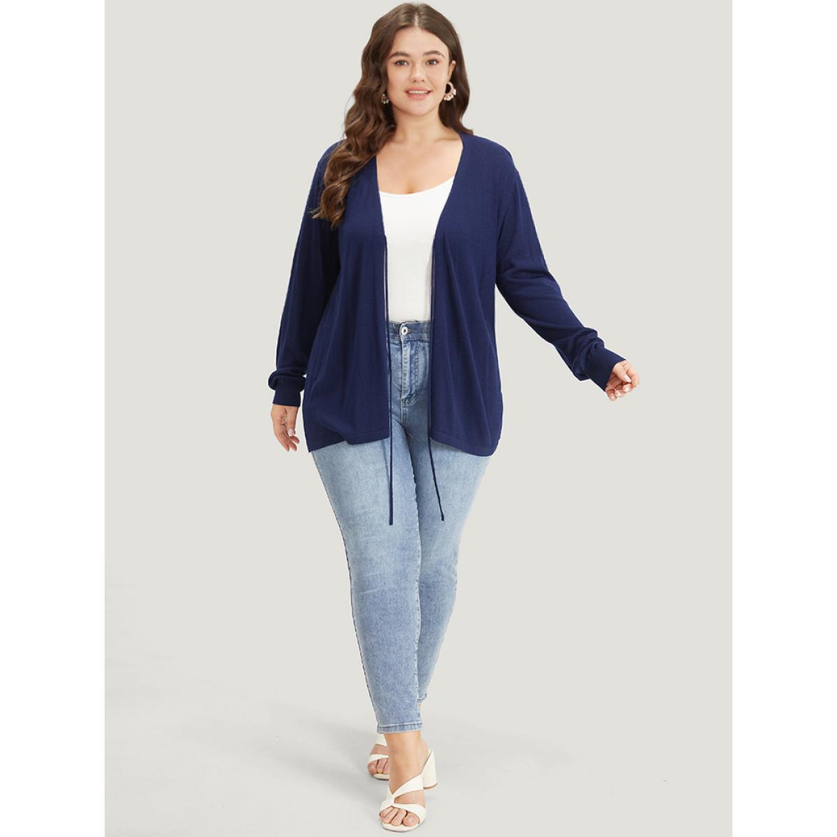 Plus Size Supersoft Essentials Plain Tie Front Elastic Cuffs Cardigan Indigo Women Casual Loose Long Sleeve Everyday Cardigans BloomChic 14-16/1X Product Image