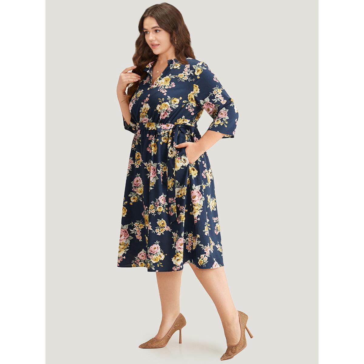 Plus Size Floral Print Frill Trim Belted Pocket Dress Navy Women Office Belted Notched collar Elbow-length sleeve Curvy Midi Dress BloomChic 12/L Product Image