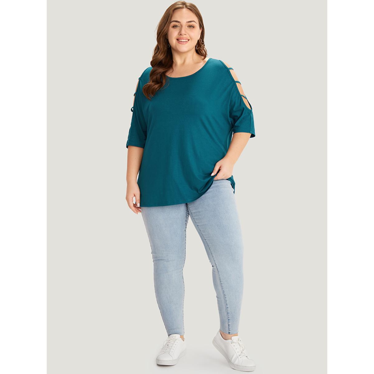 Plus Size Solid Cut Out Round Neck Dolman Sleeve T-shirt Aegean Women Elegant Plain Round Neck Dailywear T-shirts BloomChic 10/M Product Image