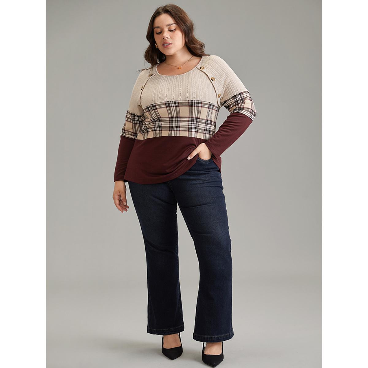 Plus Size Colorblock Contrast Button Detail Plaid Sweatshirt Women Burgundy Elegant Contrast Round Neck Dailywear Sweatshirts BloomChic 12/L Product Image