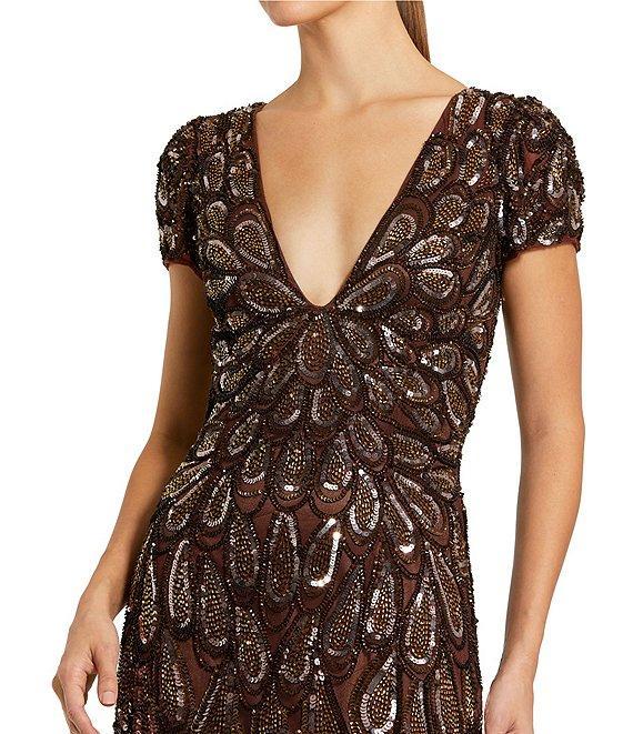 Mac Duggal Sequin Mesh Plunge V-Neck Short Sleeves Column Gown Product Image