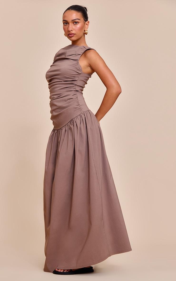 Taupe Stretch Woven Ruched Detail Drop Waist Maxi Dress Product Image