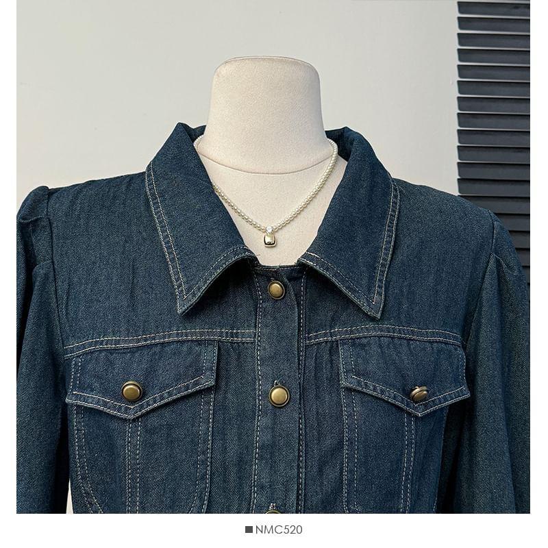 Stitched Denim Midi Shirtdress With Belt Product Image