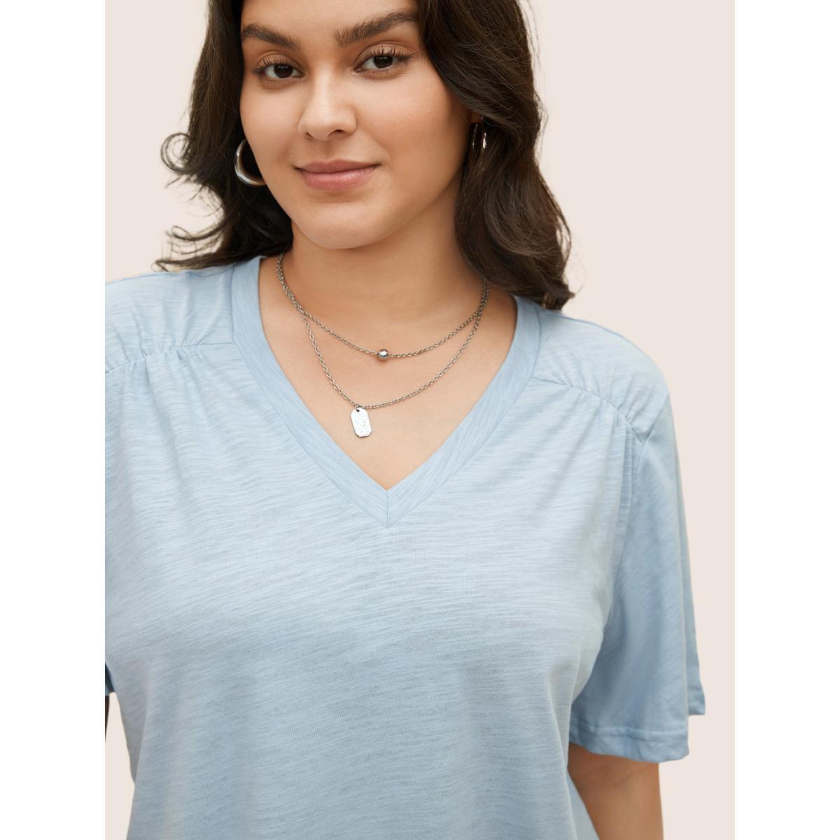 Plus Size Plain Ruffle Sleeve Heather V Neck T-shirt LightBlue Women Casual Plain V-neck Everyday T-shirts BloomChic 14-16/1X Product Image