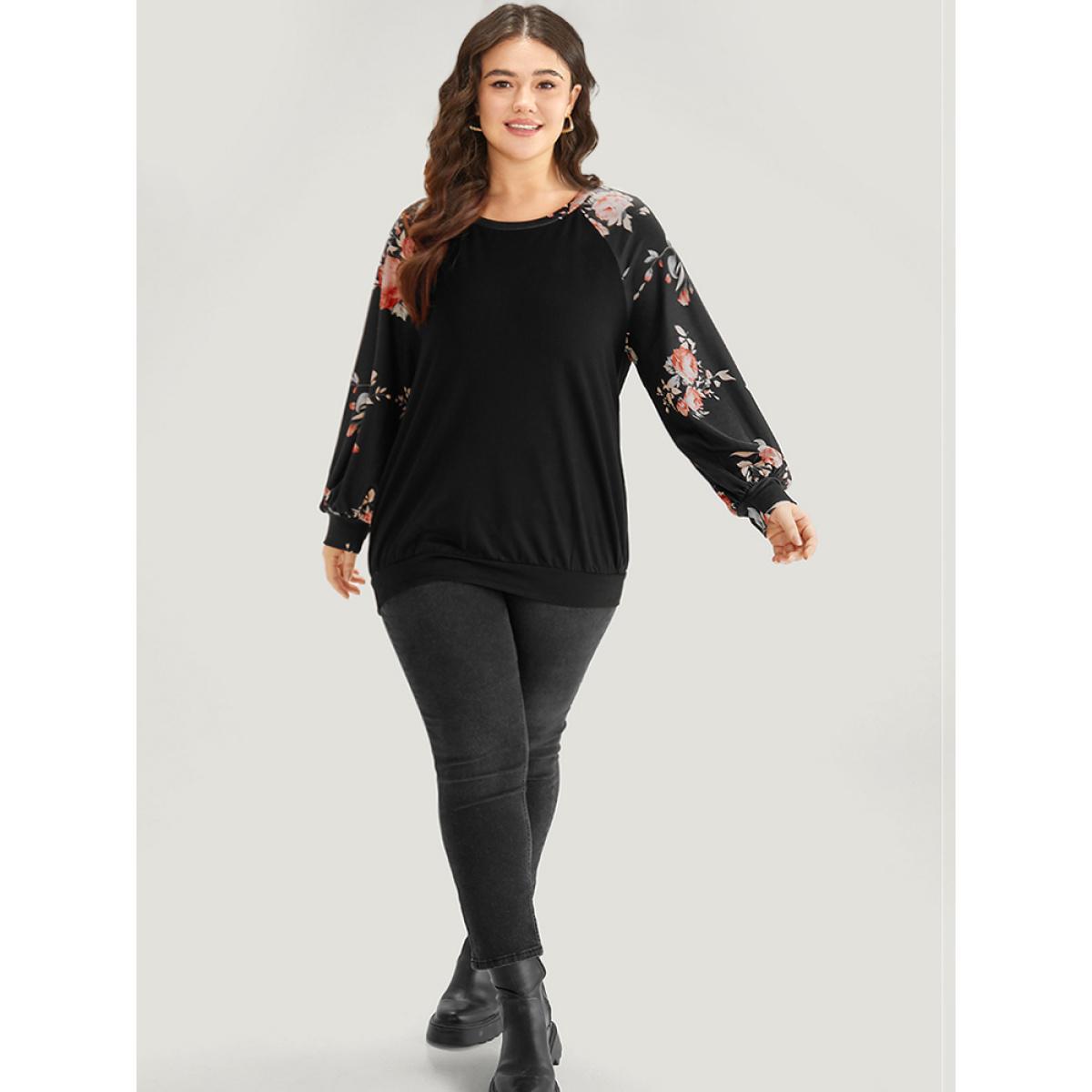 Plus Size Floral Print Raglan Sleeve Patchwork Sweatshirt Women Black Elegant Printed Round Neck Everyday Sweatshirts BloomChic 18-20/2X Product Image