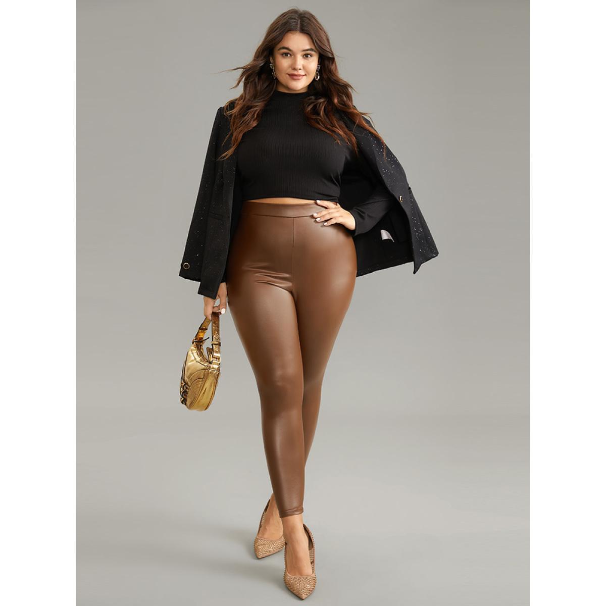 Plus Size PU Leather Elastic Waist Leggings Women DarkBrown Glamour Medium stretch Skinny High Rise Going out Leggings BloomChic 18-20/2X Product Image