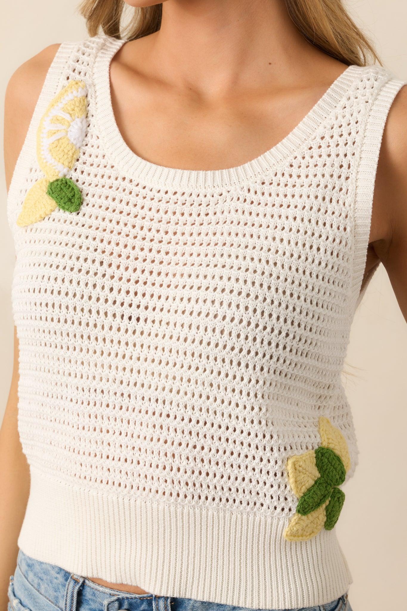 Out Of Office Ivory Cotton Lemon Crochet Knit Tank Top Product Image
