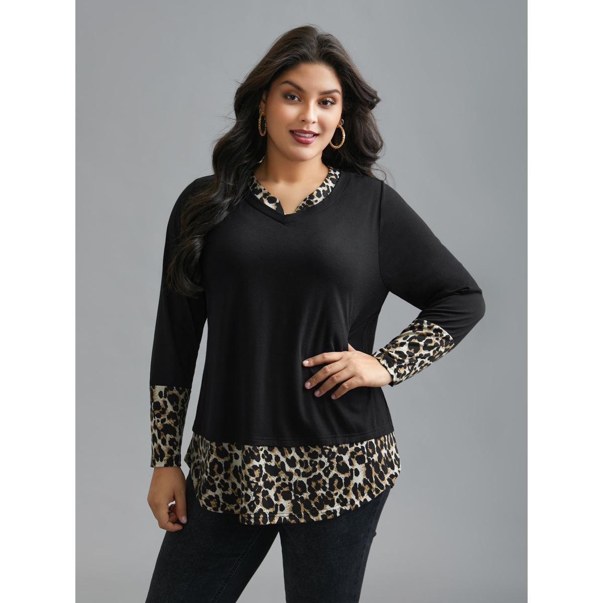 Plus Size Contrast Patchwork Leopard Stretchy T-shirt Black Women Casual Contrast Notched collar Everyday T-shirts BloomChic 30/6X Product Image