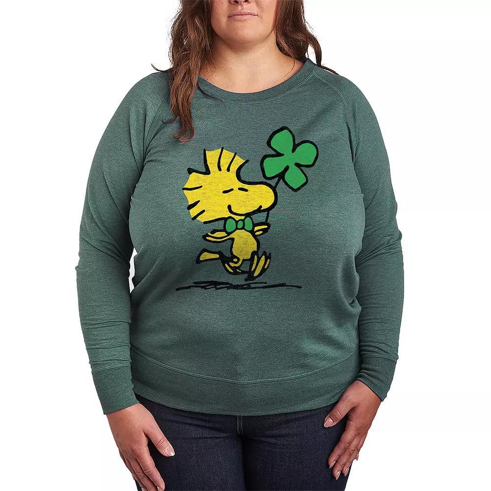 Plus Size Peanuts Woodstock Clover French Terry Long Sleeve Tee, Womens Grey Green Product Image