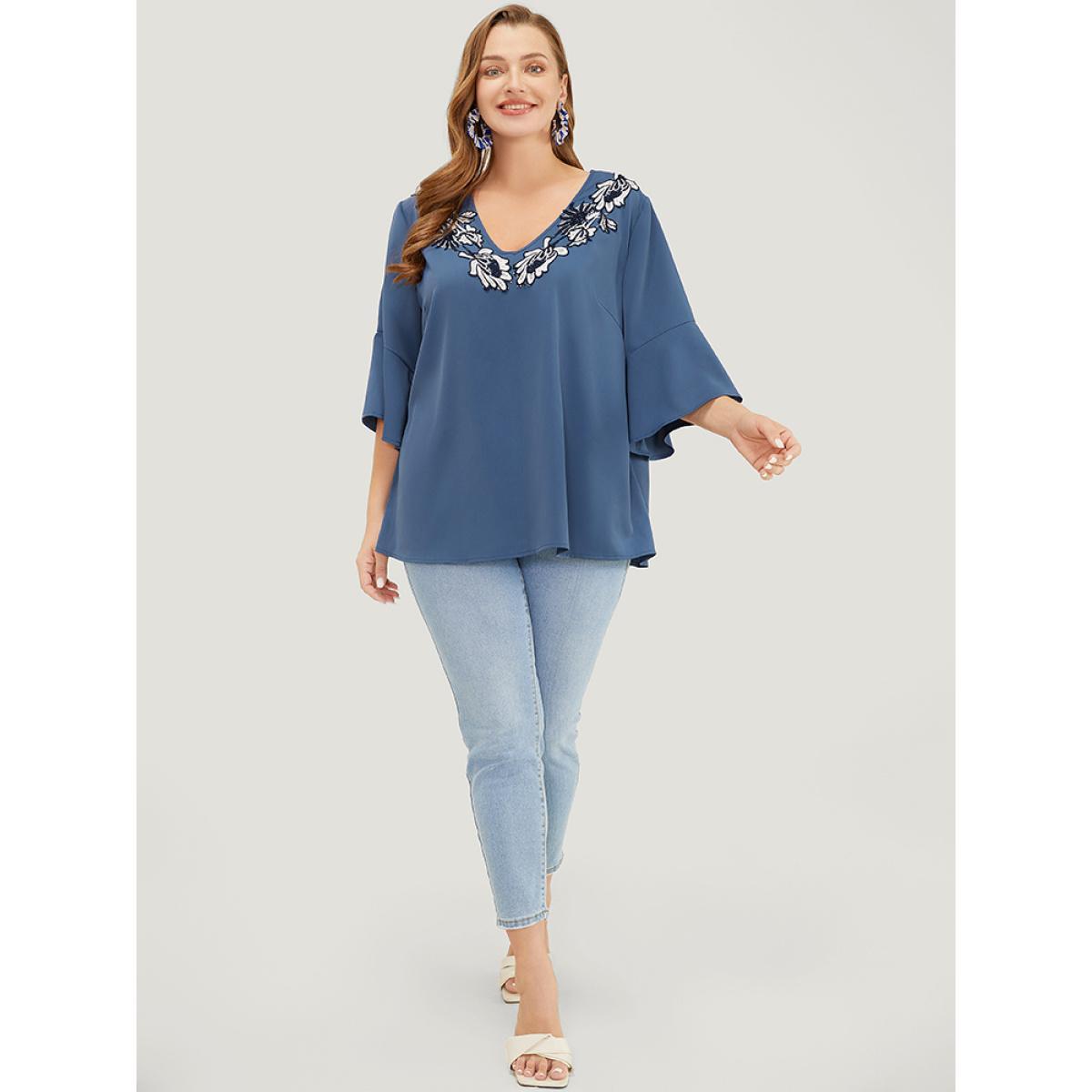 Plus Size Stone Floral Applique Bell Sleeve Blouse Women Elegant Elbow-length sleeve V-neck Dailywear Blouses BloomChic 22-24/3X Product Image