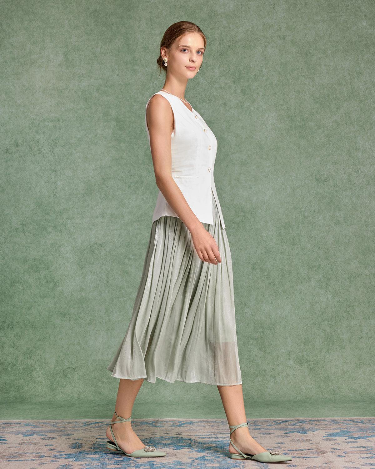 Green Ruched Flowy Pleated Midi Skirt Product Image