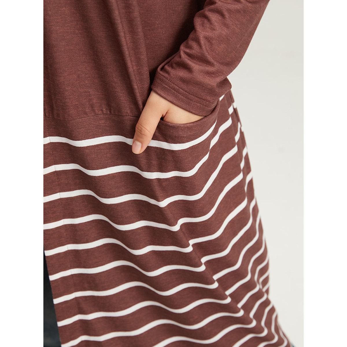Plus Size Striped Contrast Pocket Open Front Kimono Women DarkBrown Casual Contrast Pocket Dailywear Kimonos BloomChic 30/6X Product Image