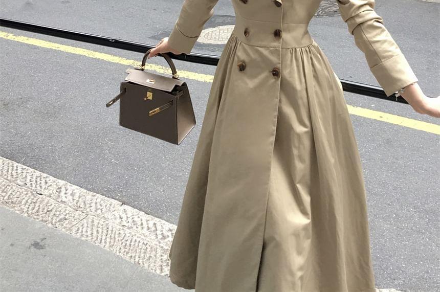 Notch Lapel Plain Double-Breasted Midi A-Line Coat Dress Product Image
