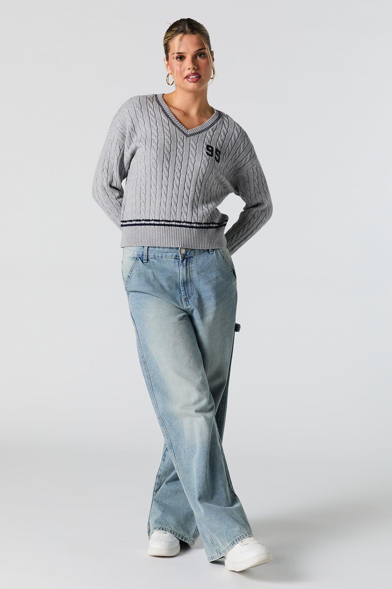 Number Embroidered Cable Knit Sweater Female Product Image