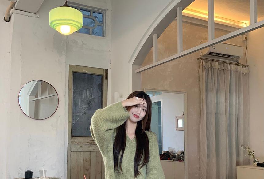 V-Neck Plain Long Sweater / High Waist Midi A-Line Skirt Product Image