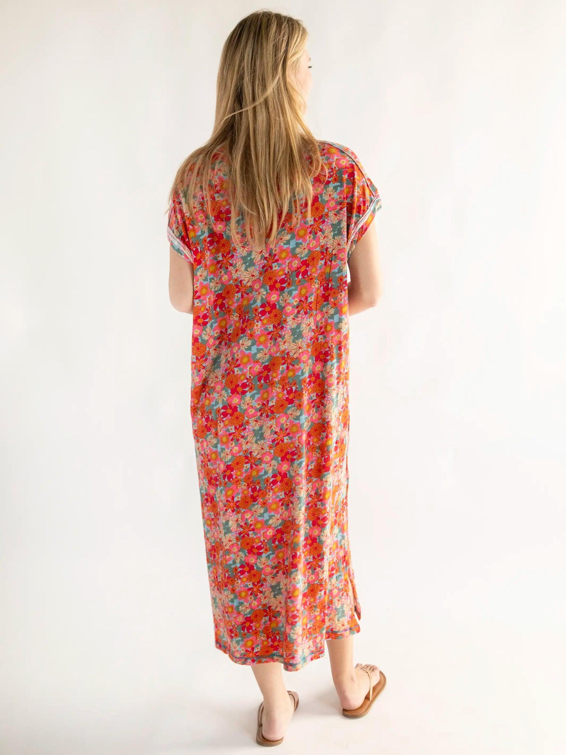 Frankie Knit Cotton Tee Midi Dress - Pink Red Floral Product Image