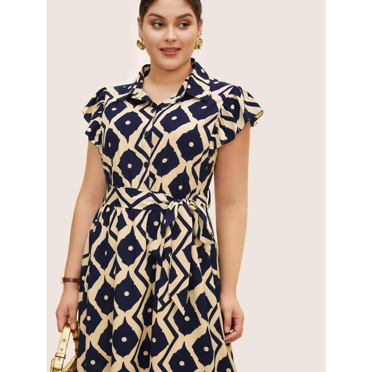 Plus Size Shirt Collar Geometric Ruffle Cap Sleeve Dress DarkBlue Women At the Office Belted Shirt collar Cap Sleeve Curvy BloomChic 28/5X Product Image