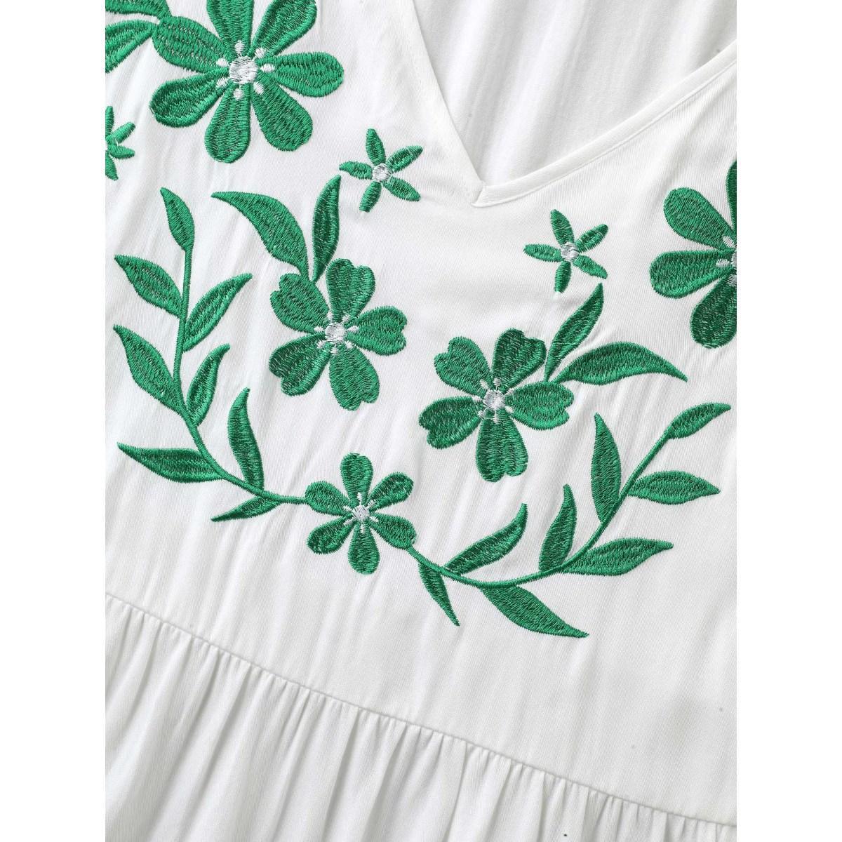 Plus Size WhiteSmoke Floral Embroidery Flared Flowy Blouse Women Short sleeve V-neck Everyday-Elegant Blouses BloomChic 22-24/3X Product Image