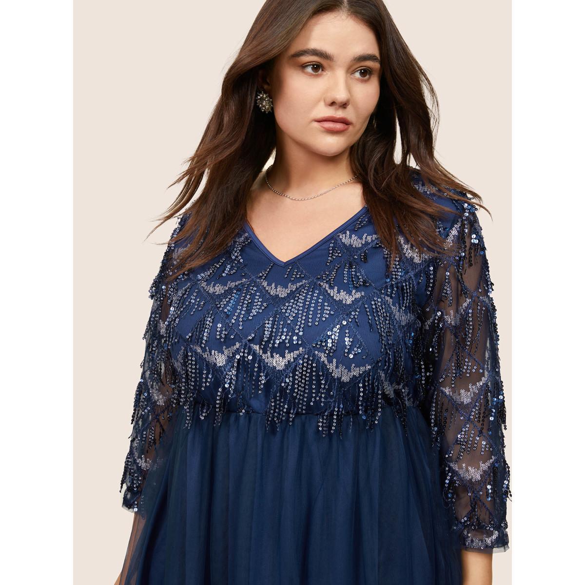 Plus Size Sequin Tassels Plisse Patchwork Mesh Knee Dress DarkBlue Women Cocktail Sequin V-neck Elbow-length sleeve Curvy Midi Dress BloomChic 18-20/2X Product Image