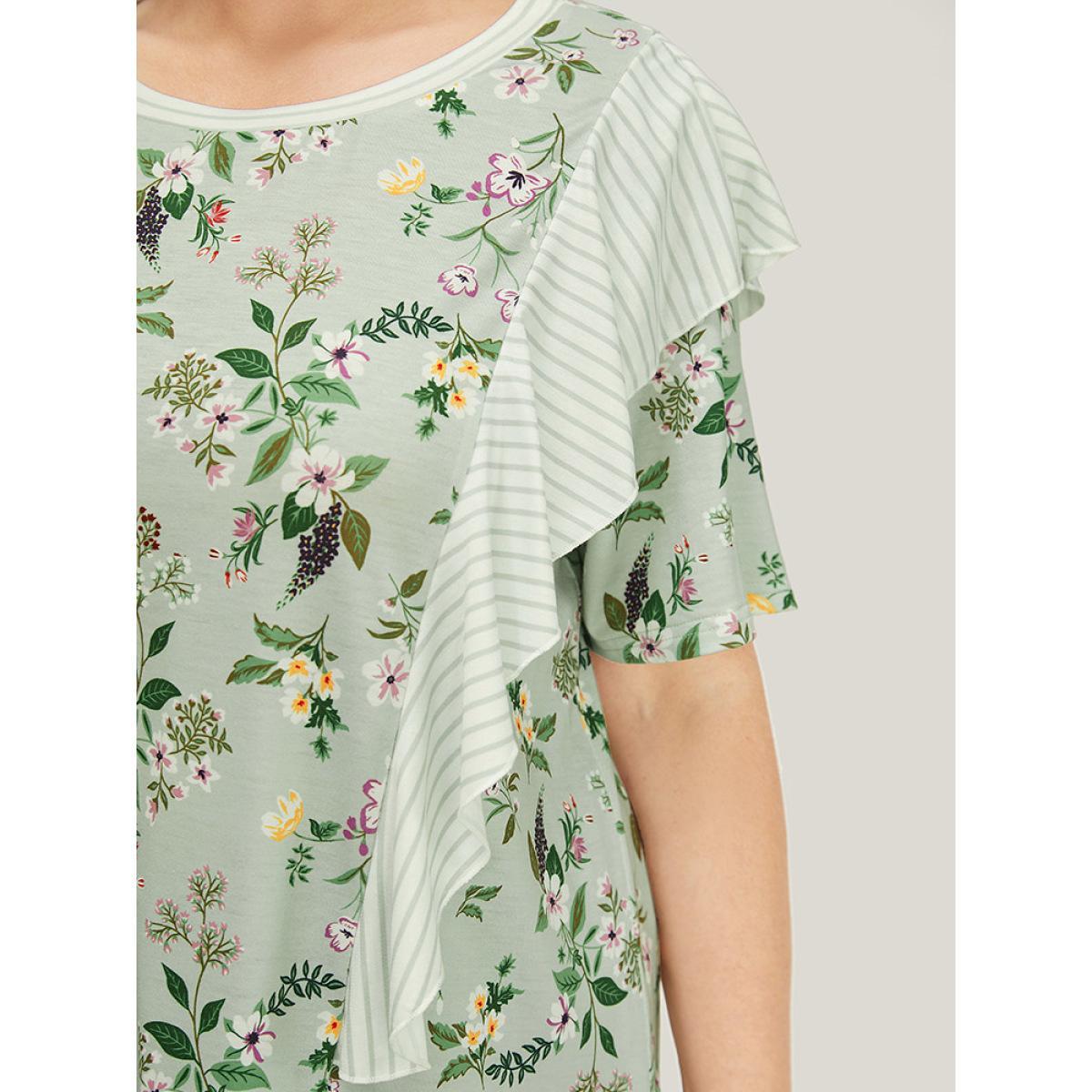 Plus Size Floral Patchwork Round Neck Striped Ruffle Trim T-shirt SpringGreen Women Elegant Striped Round Neck Dailywear T-shirts BloomChic 30/6X Product Image
