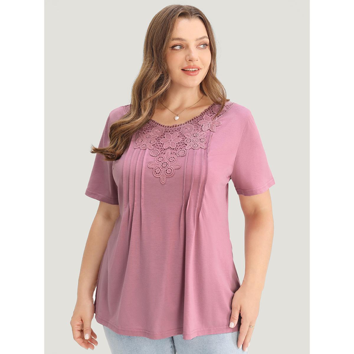 Plus Size Solid Floral Patchwork Pleated Front T-shirt Lilac Women Elegant Plain Round Neck Dailywear T-shirts BloomChic 14-16/1X Product Image