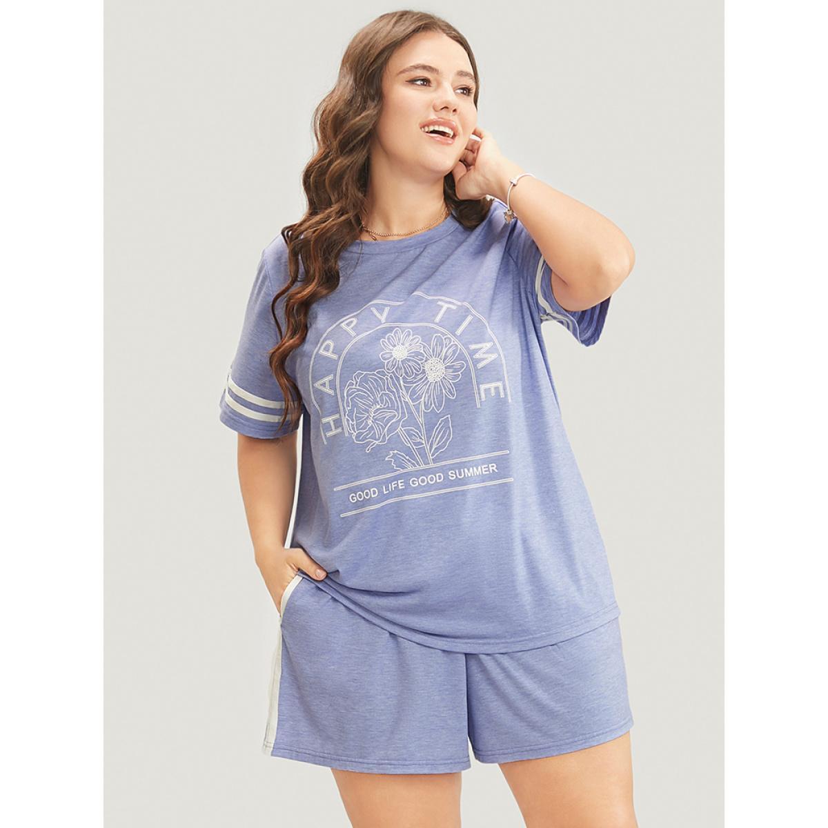 Plus Size Floral & Letter Print Contrast Round Neck Sleep Top Women LightBlue Casual Floral Contrast Round Neck Loungewear BloomChic 26/4X Product Image