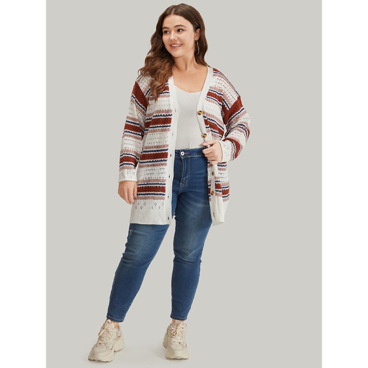 Plus Size Striped Contrast Pointelle Knit Button Through Cardigan Multicolor Women Casual Loose Long Sleeve Dailywear Cardigans BloomChic 12/L Product Image