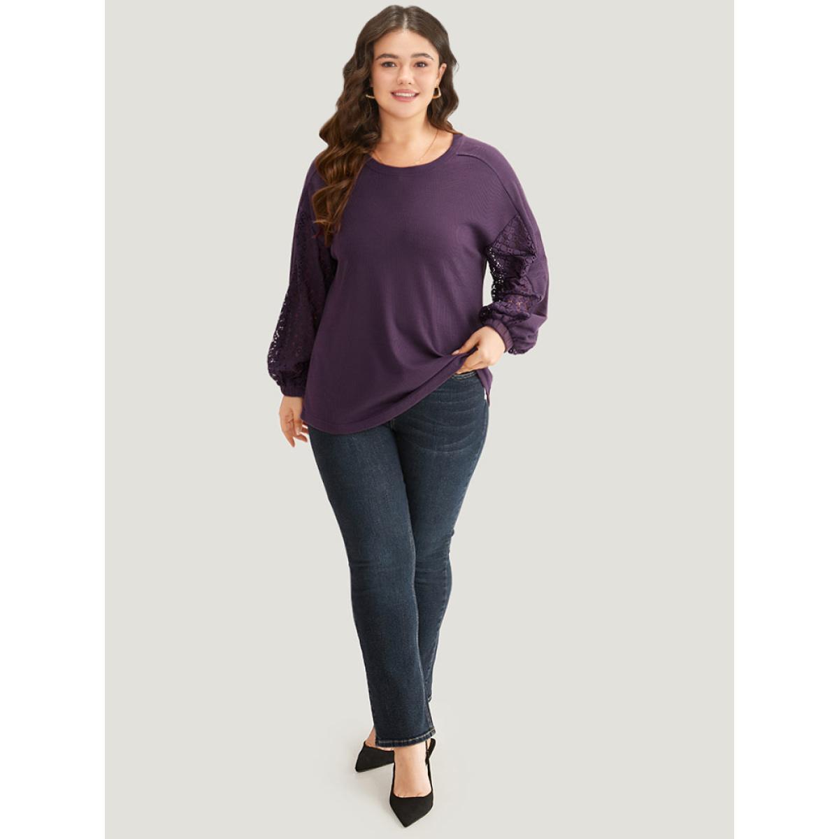 Plus Size Waffle Knit Lace Panel Drop Shoulder Sweatshirt Women Eggplant Elegant Elastic cuffs Round Neck Dailywear Sweatshirts BloomChic 14-16/1X Product Image
