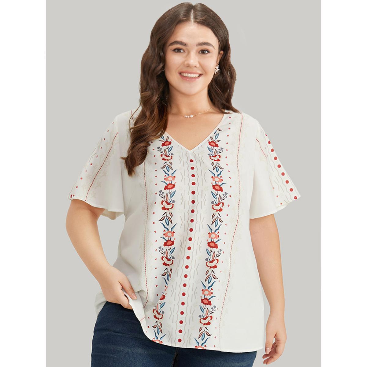 Plus Size White Bandana Print V Neck Flutter Sleeve Blouse Women Vacation Short sleeve V-neck Dailywear Blouses BloomChic 26/4X Product Image