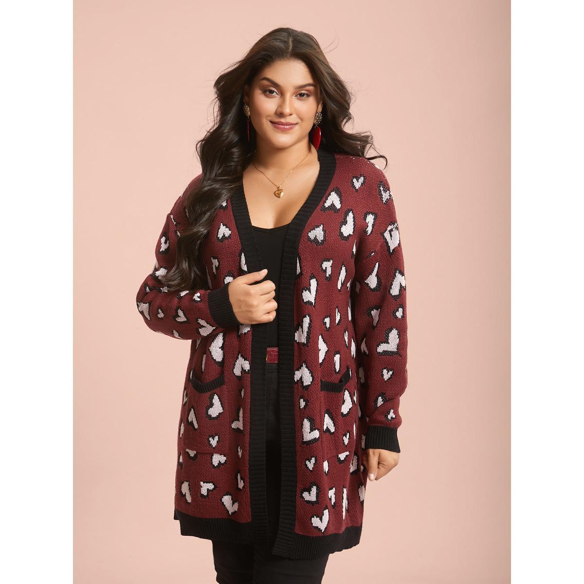Plus Size Hearts All Over Open Front Contrast Cardigan Deepred Women Casual Loose Long Sleeve Everyday Cardigans BloomChic 12/L Product Image