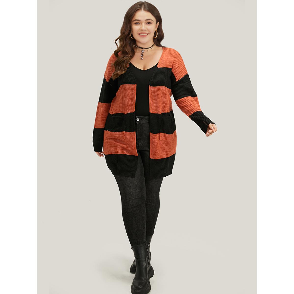 Plus Size Halloween Colorblock Patched Pocket Tunic Cardigan Chocolate Women Casual Loose Long Sleeve Festival-Halloween Cardigans BloomChic 22-24/3X Product Image