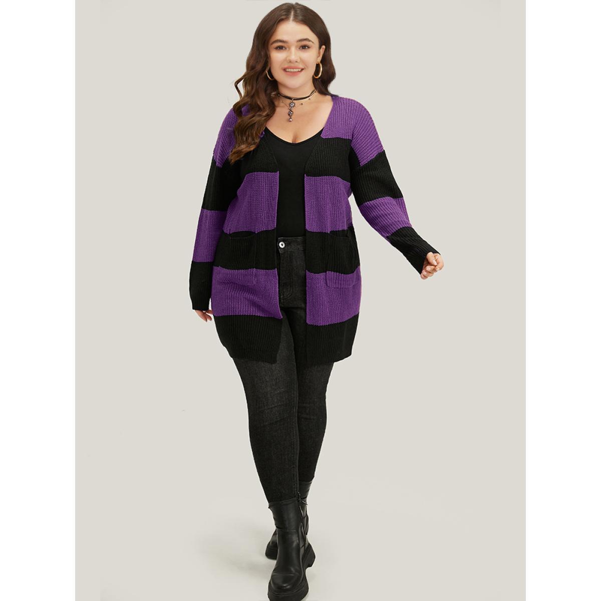 Plus Size Halloween Colorblock Patched Pocket Tunic Cardigan Eggplant Women Casual Loose Long Sleeve Festival-Halloween Cardigans BloomChic 12/L Product Image