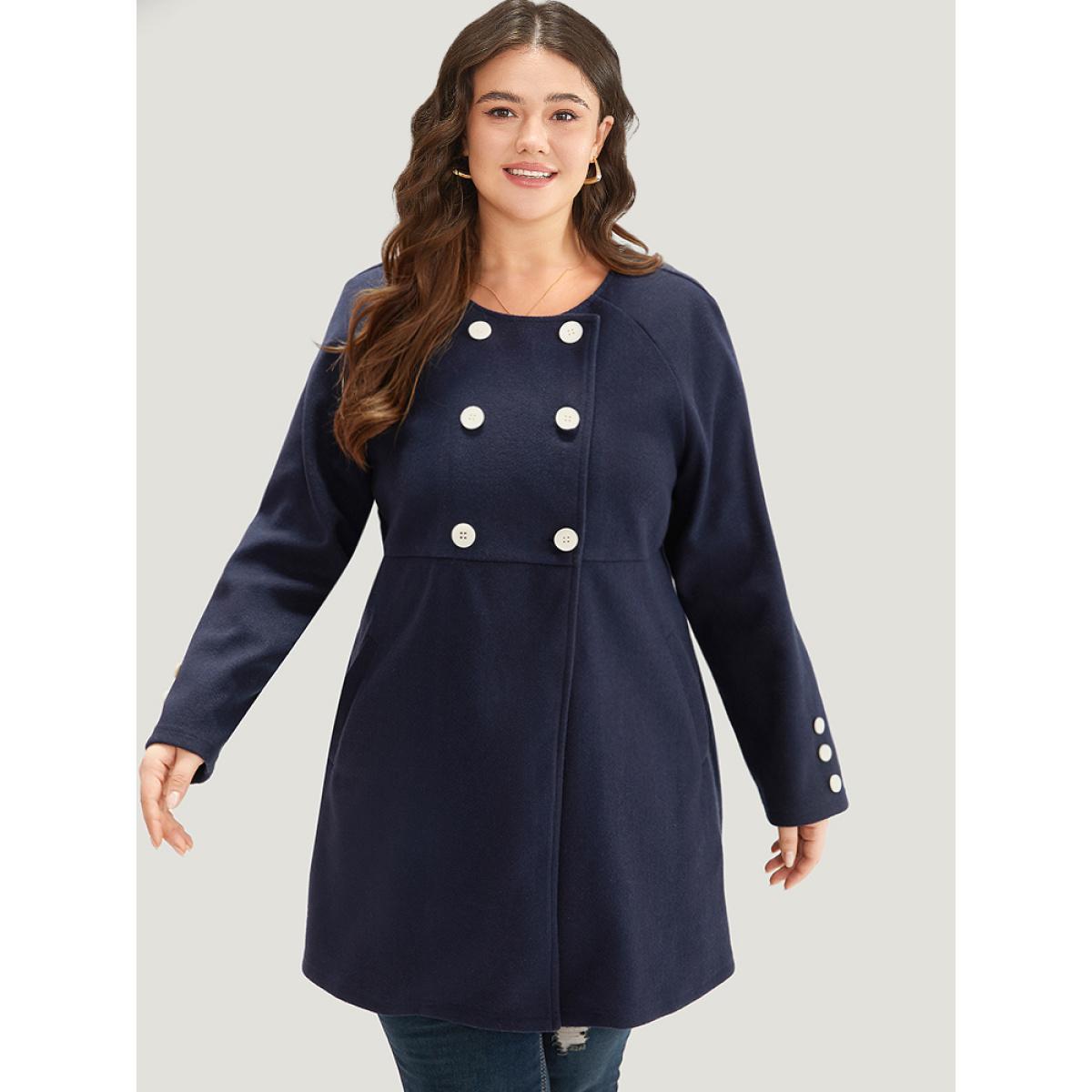 Plus Size Solid Button Detail pocket Coat Women Indigo Casual Plain Ladies Everyday Winter Coats BloomChic 12/L Product Image
