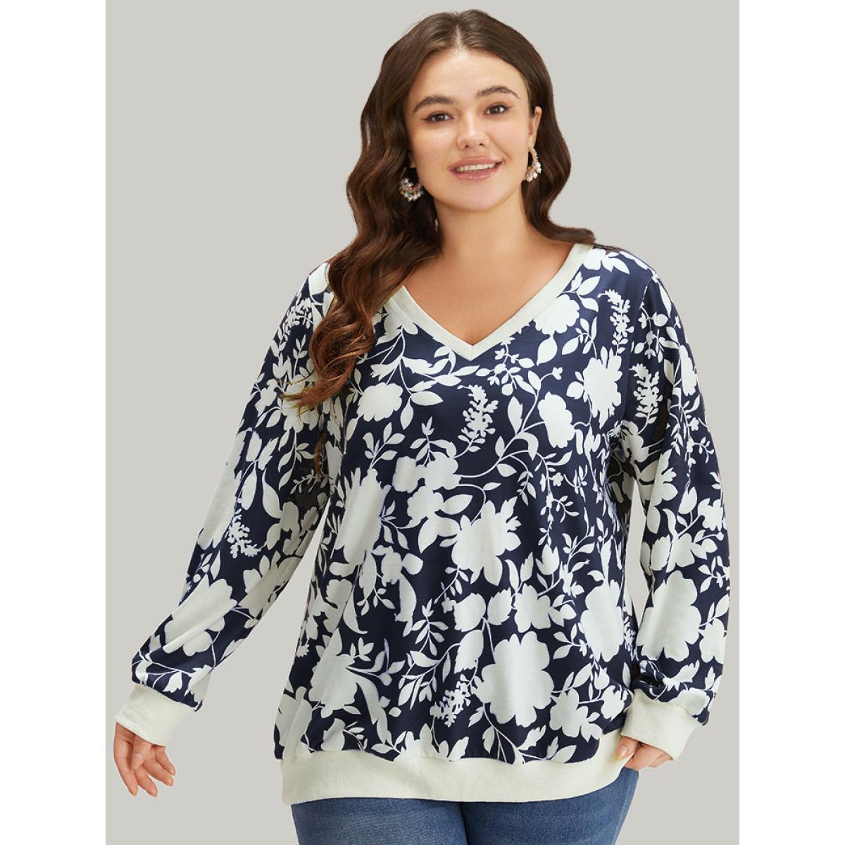 Plus Size Silhouette Floral Print Contrast Trim V Neck Sweatshirt Women DarkBlue Casual Elastic cuffs V-neck Dailywear Sweatshirts BloomChic 10/M Product Image