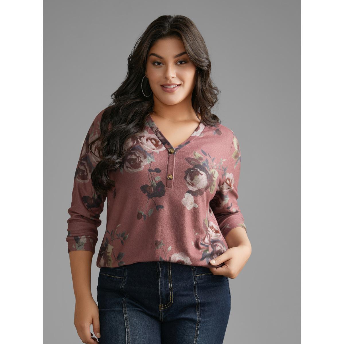Plus Size V Neck Floral Print Button Up T-shirt DustyPink Women Casual Button Natural Flowers V-neck Everyday T-shirts BloomChic 30/6X Product Image