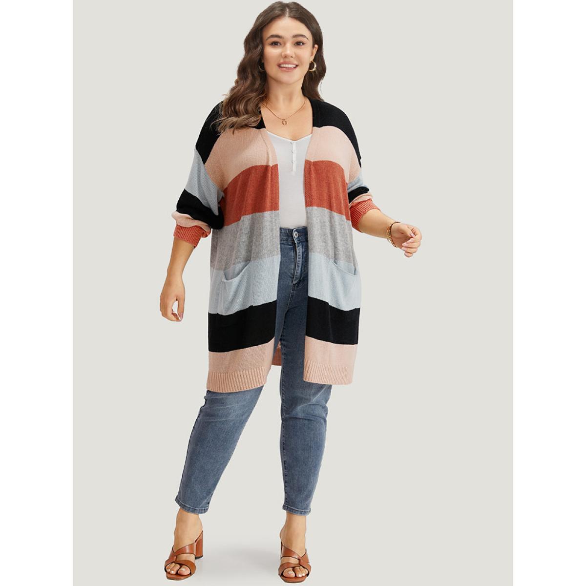 Plus Size Supersoft Essentials Colorblock Patched Pocket Tunic Cardigan Multicolor Women Casual Loose Long Sleeve Dailywear Cardigans BloomChic 22-24/3X Product Image