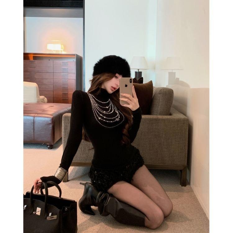 Long Sleeve Turtleneck Rhinestone Detail T-Shirt Product Image