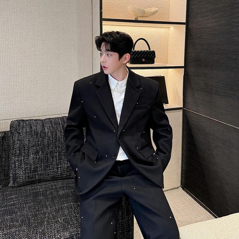 Set: Lapel Collar Single Breasted Blazer + Mid Rise Plain Wide Leg Dress Pants Product Image