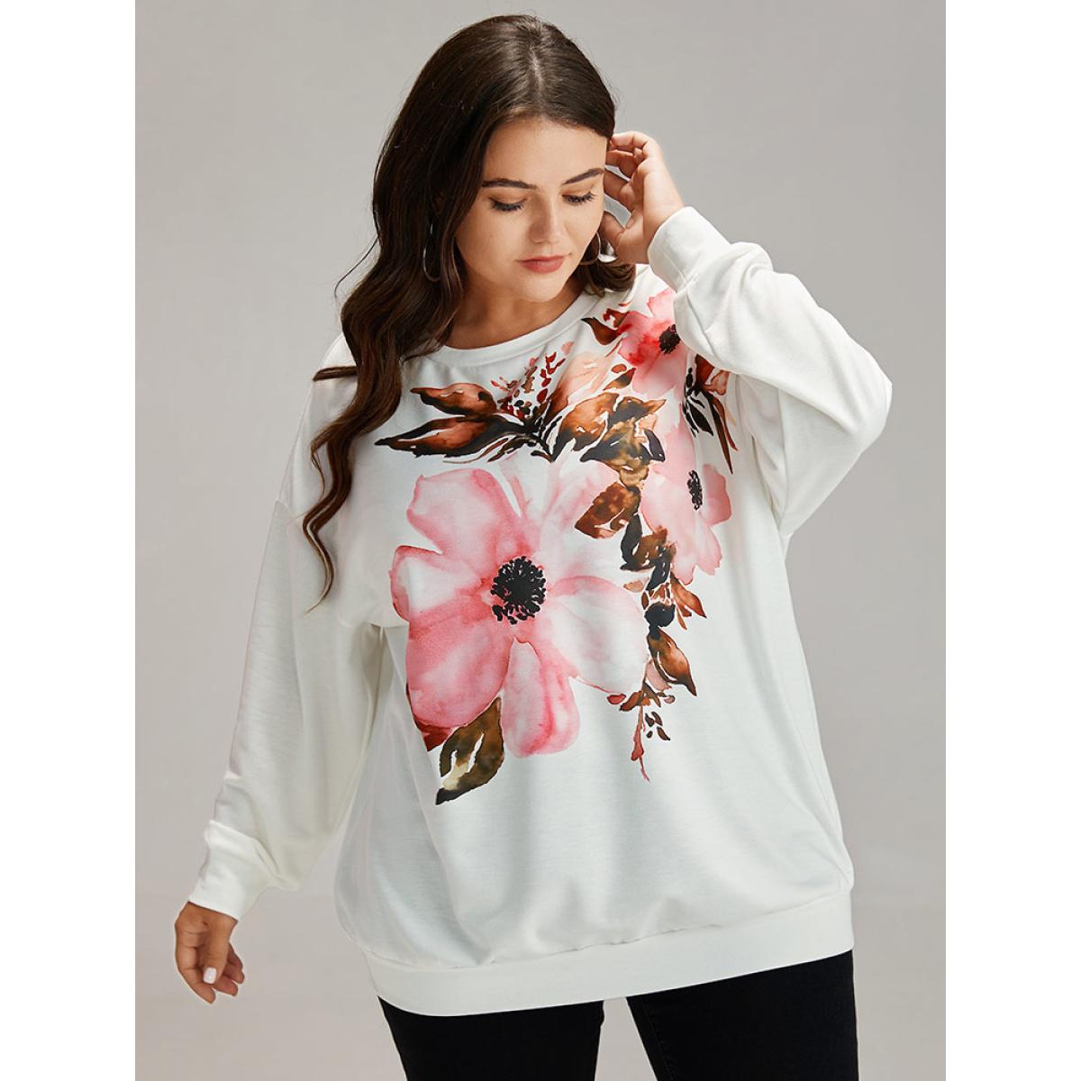 Plus Size Floral Round Neck Elastic Cuffs Sweatshirt Women White Casual Elastic cuffs Round Neck Dailywear Sweatshirts BloomChic 12/L Product Image