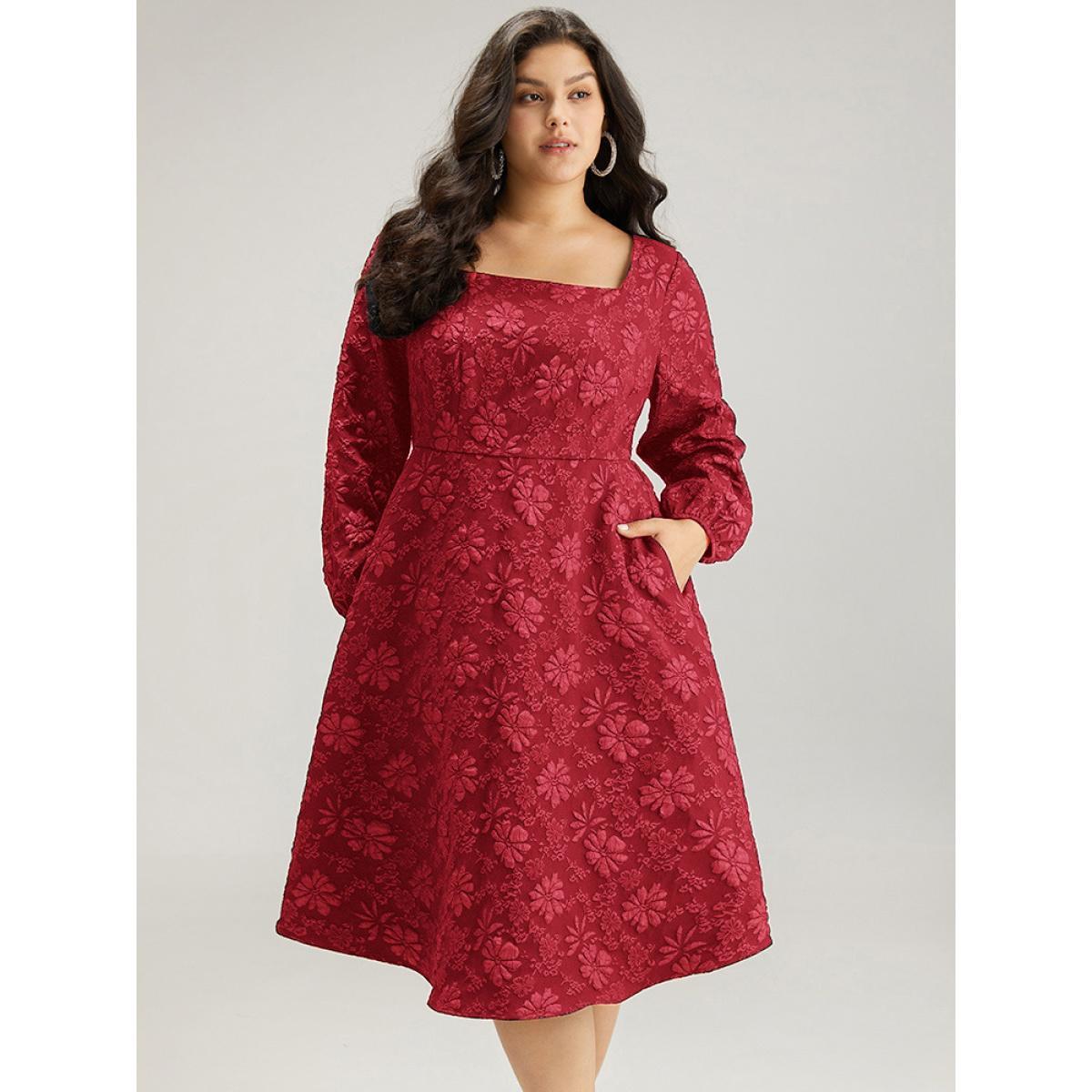 Plus Size Floral Print Plisse Pocket Lantern Sleeve Dress Raspberry Women Cocktail Elastic cuffs Square Neck Long Sleeve Curvy Midi Dress BloomChic 22-24/3X Product Image