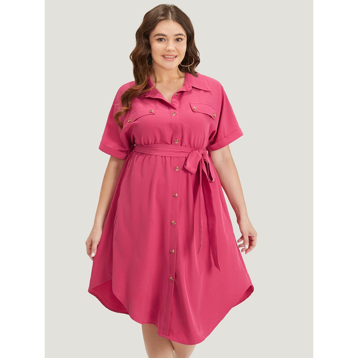 Plus Size Plain Belted Shirt Collar Arc Hem Roll Batwing Sleeve Dress Red Women Office Belted Shirt collar Short sleeve Curvy Knee Dress BloomChic 12/L Product Image