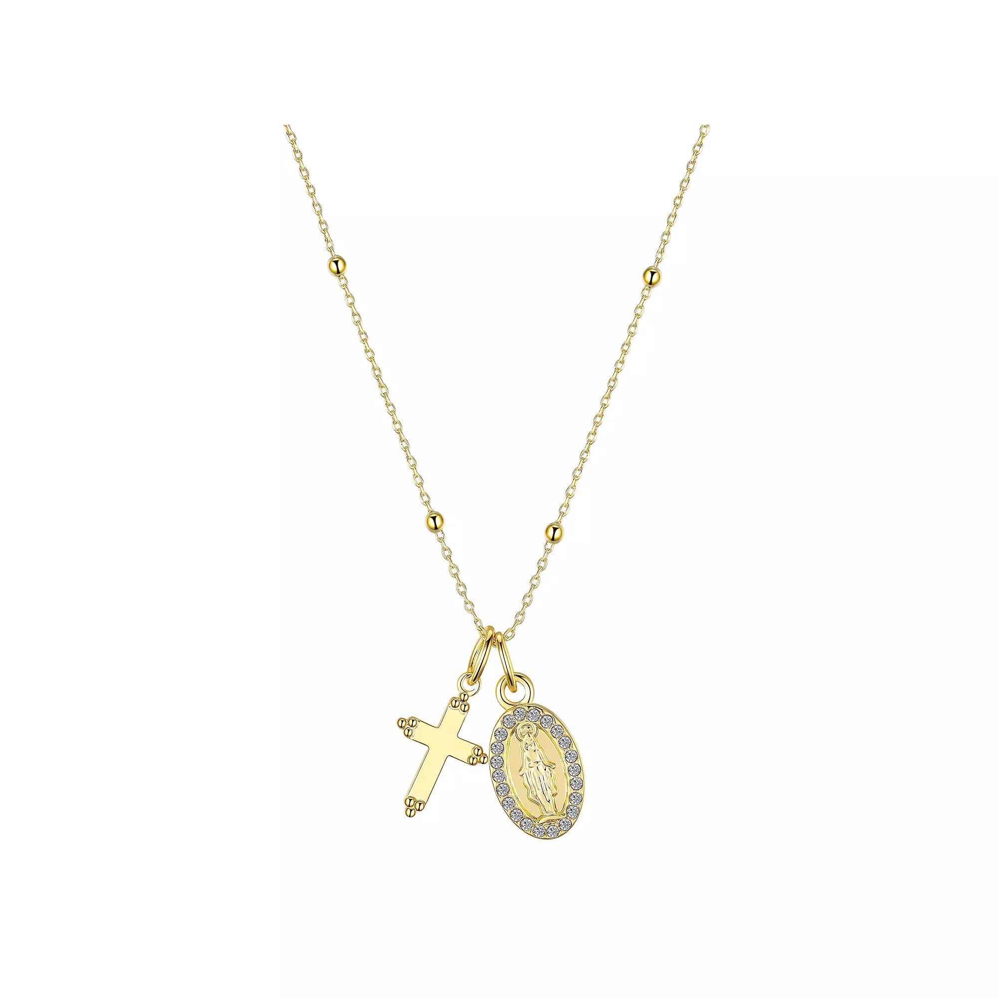 Gratitude & Grace 14k Gold Plated Crystal Cross & Virgin Mary Pendant Necklace, Women's, Size: 18", Gold Tone Product Image