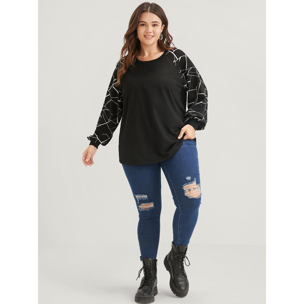 Plus Size Geometric Raglan Sleeve Round Neck Sweatshirt Women Black Elegant Patchwork Round Neck Dailywear Sweatshirts BloomChic 30/6X Product Image